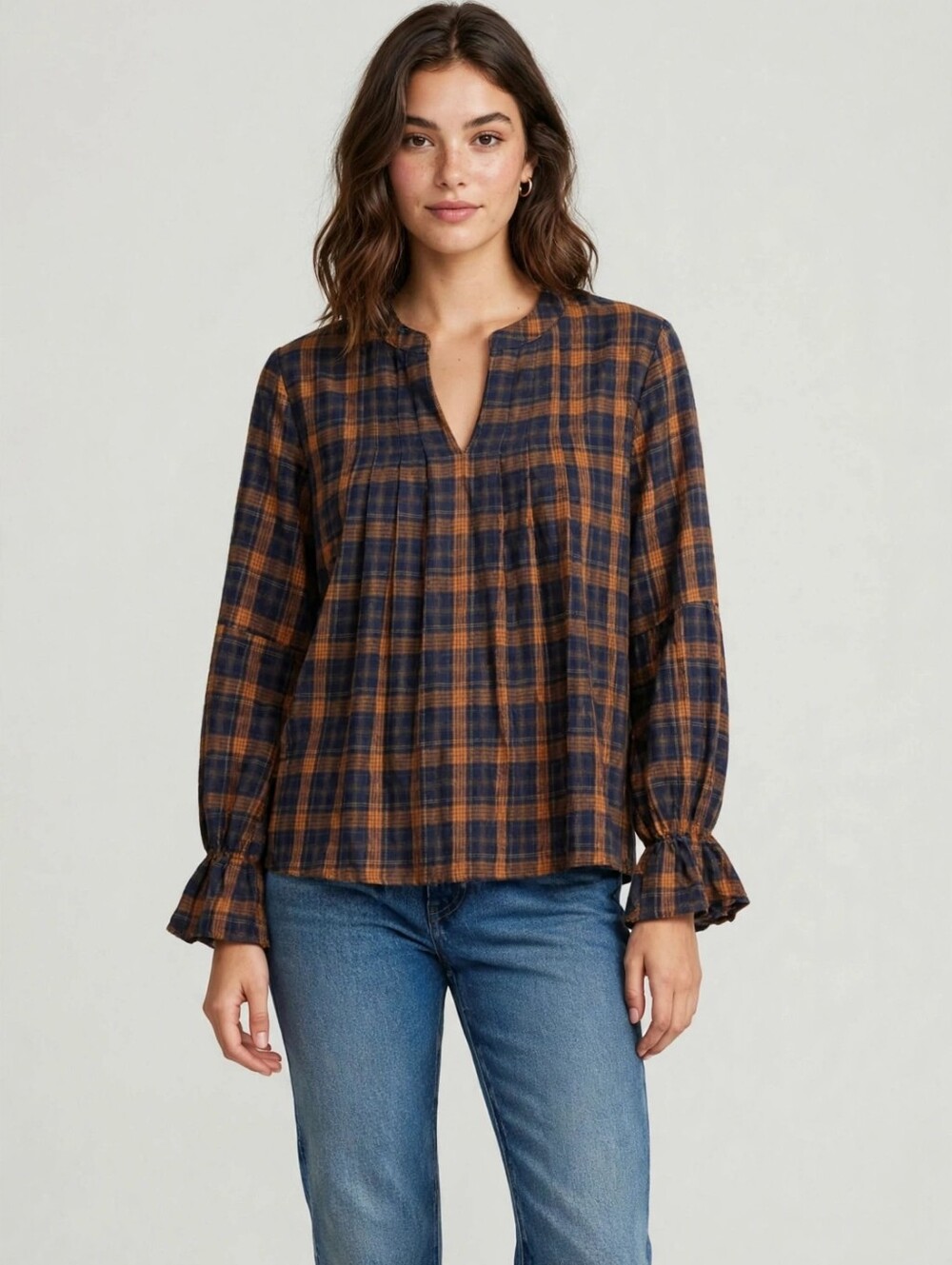 Pleated Plaid Split-Neck Tunic in Navy and Rust by The Thursday Market